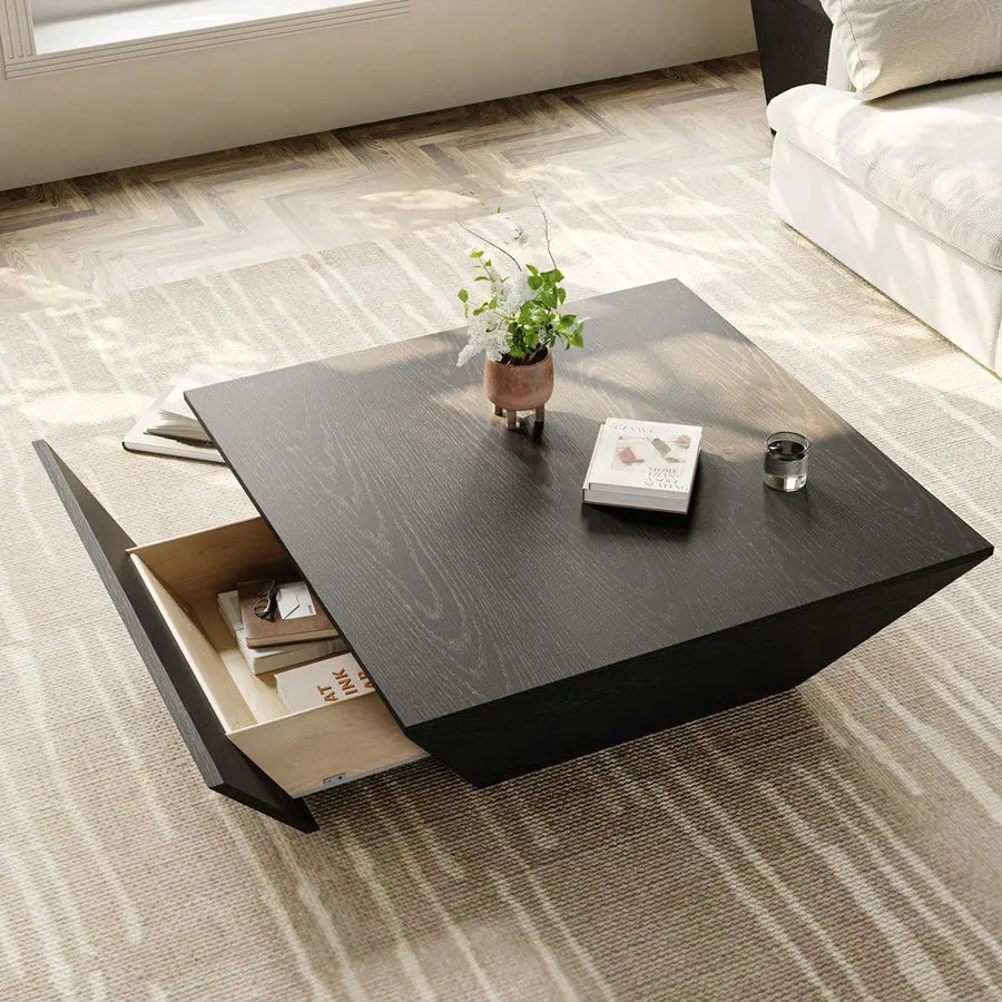 ✗X Nordic Square Wood Black Center Coffee Table with Storage Home Furniture Walnut Wooden Japanese Gongfu Tea Tables for Sale&