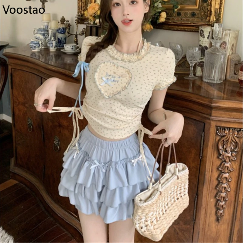 Kawaii Sweet Lolita Style Skirt Sets Women Floral Print Ruffles Hearts Blouse Tops Bow Mini Skirt Suit Japanese Two Piece Set