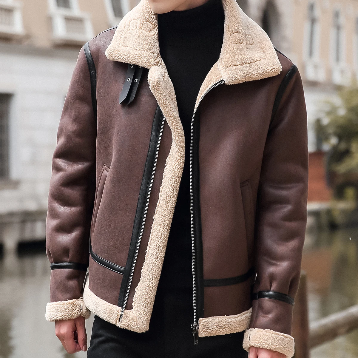 Men's PU Leather Jacket-Fall Winter New Fur Collar Jacket Vintage Motorcycle Biker Winter Jacket Pocket Retro Coat for Men's
