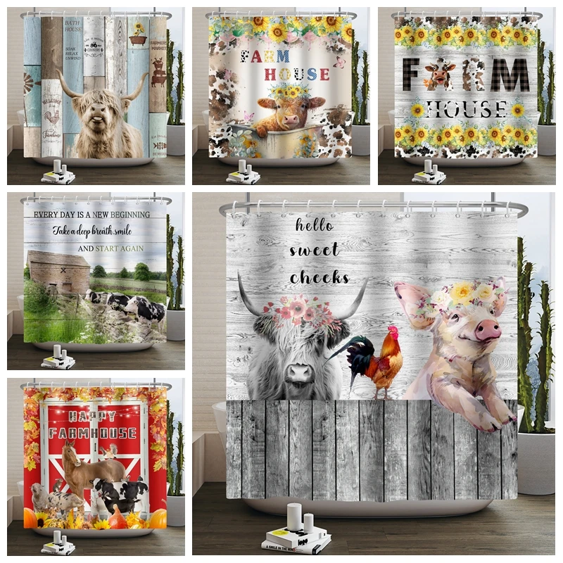 

Farmhouse Rustic Shower Curtain Funny Animals Cow Pig Horses Wood Farm House Bathroom Decor Waterproof Polyester Fabric 180x200