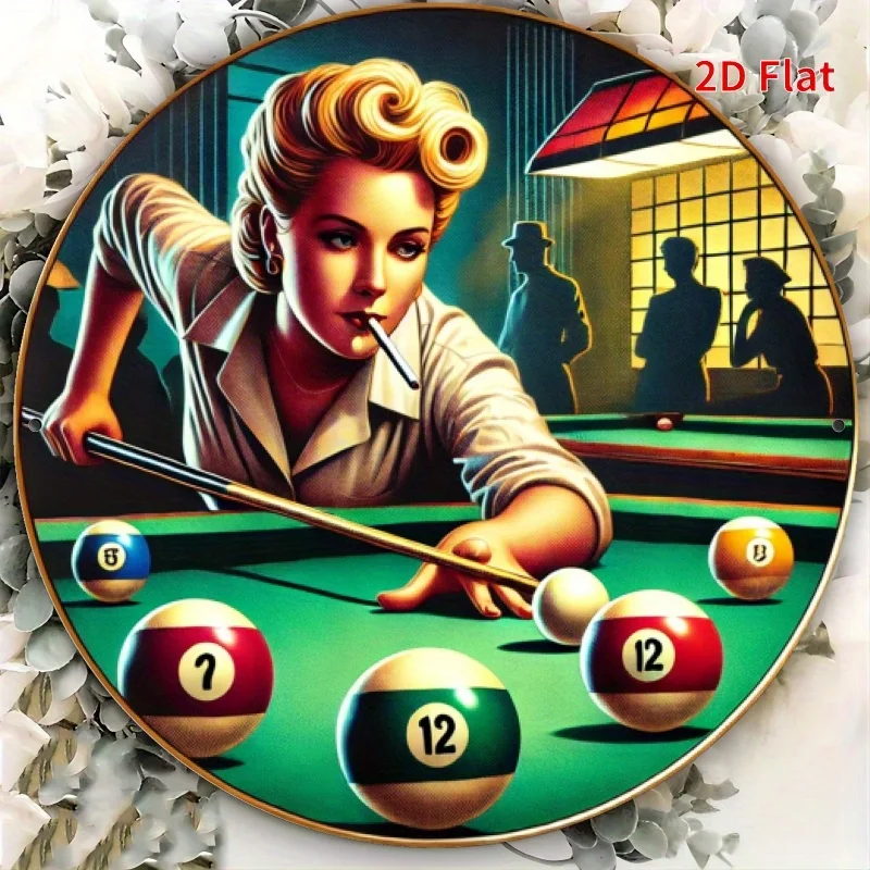 2D Flat, 1pc 2D Flat Printing 7.87 X 7.87inch Round Iron Metal Sign, 2D Flat,  Billiards Wall Art - Vintage Pool Scene with Fema