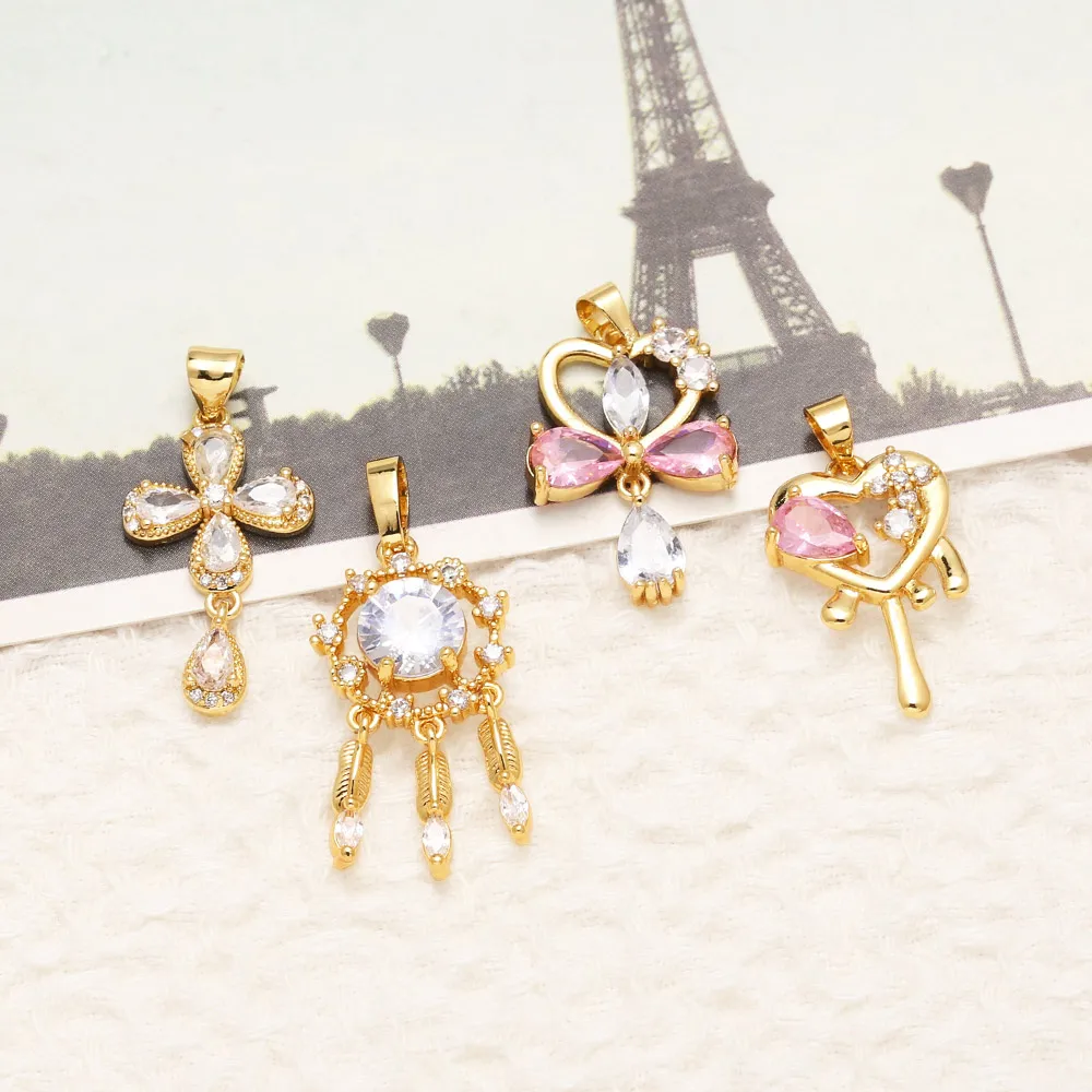 OCESRIO Boho Pink Crystal Heart Cross Pendant for Necklace Copper Gold Plated Dream Catcher Jewelry Making Supplies pdta607