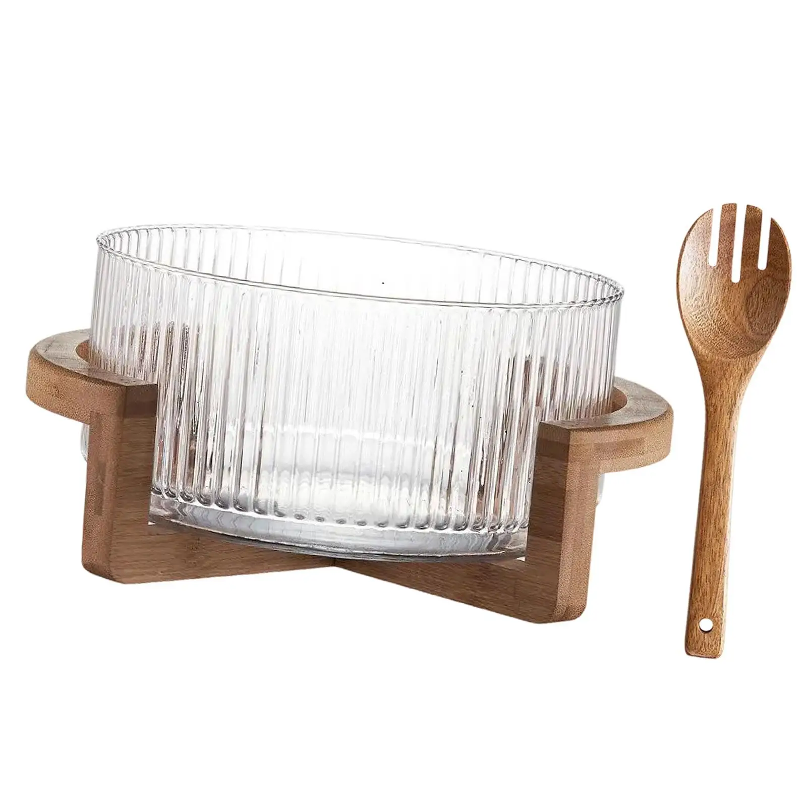 

Glass Salad Bowl with Wood Base with Salad Fork Decoration Fruit Bowl for Home Living Room Party Table Centerpiece Veggies