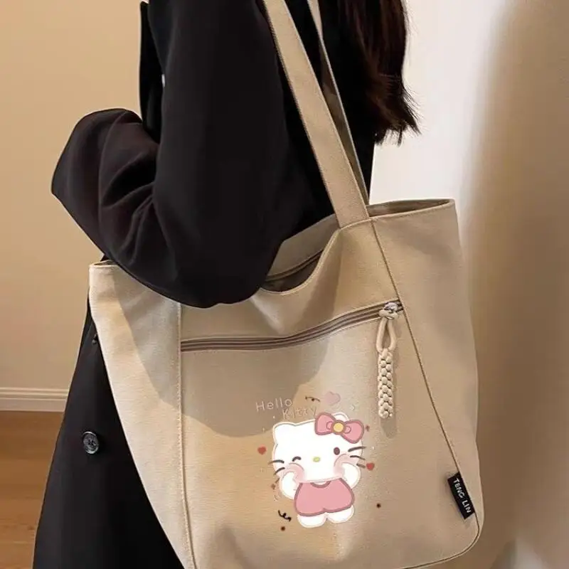 

Sanrio Hello Kitty Shoulder Bag Girl Large Capacity Zipper Autumn Canvas Bag Versatile Kawaii Anime Cartoon Fashion New Package