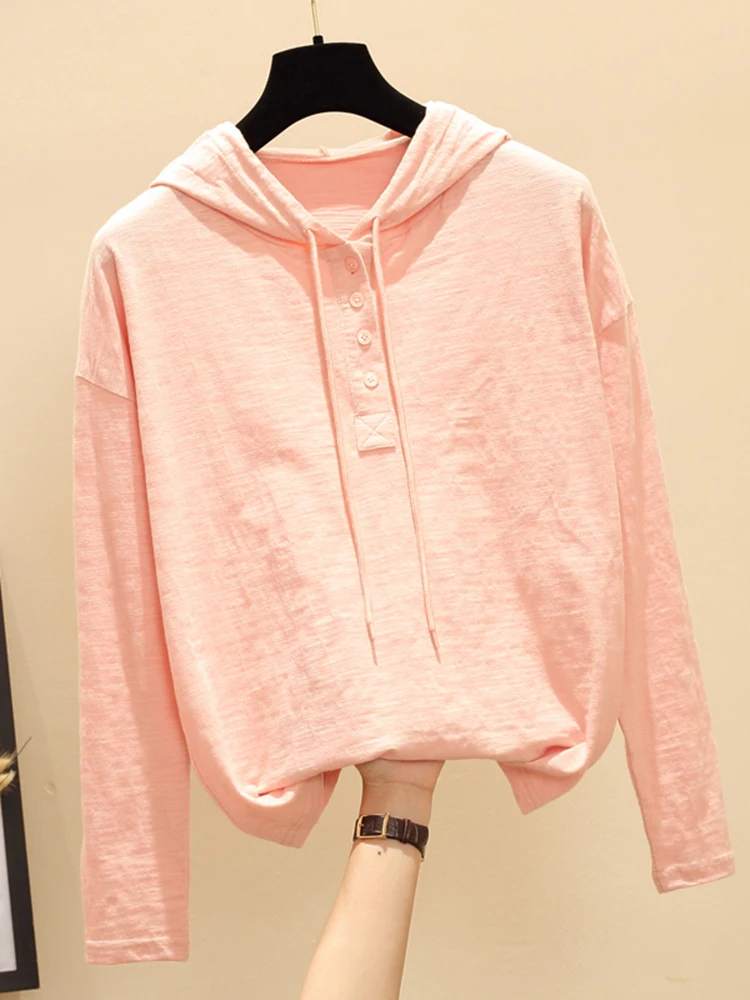 Gkfnmt Spring Autumn Hooded Cotton T Shirt Long Sleeve White Tee Shirt Femme Slim Tops Pink Fashion Clothes 3XL