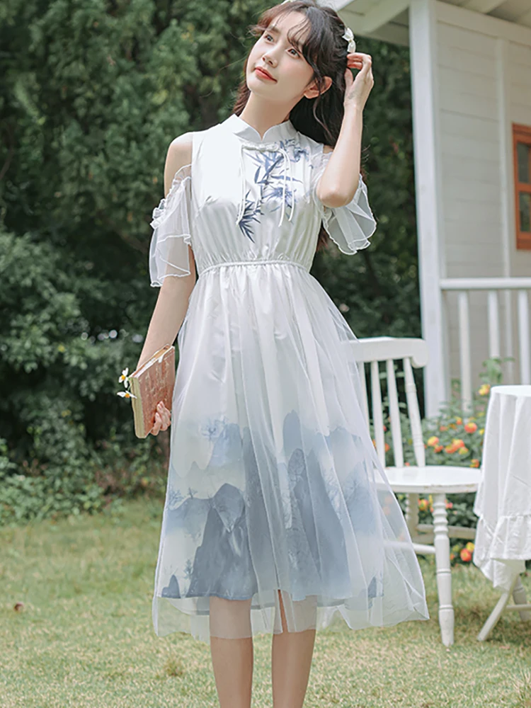 レディースファッション プリント パッチワーク メッシュ ミディ丈ワンピース 夏 オフショルダー シック カジュアル ホリデーワンピース 2025 韓国ファッション ボディコン ドレス