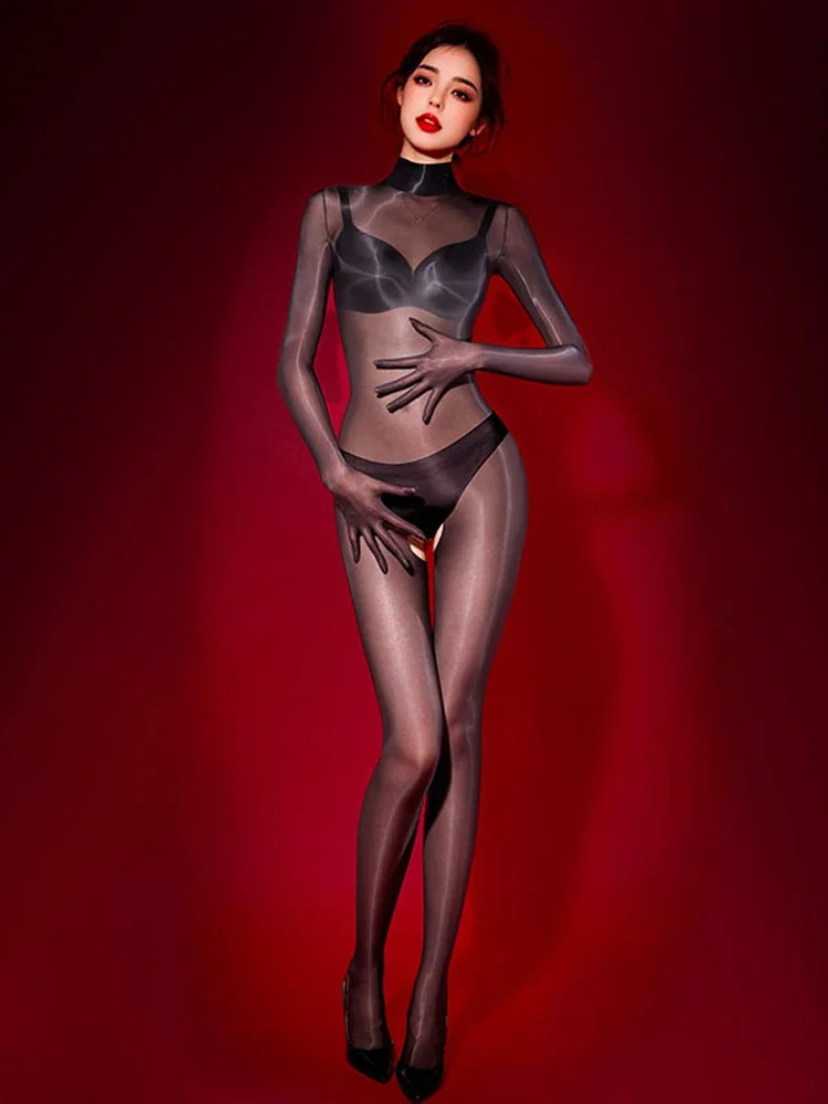 Sexy Women Home Yoga Bodysuit Oil Glossy Shiny Glove Open Crotch Shaping Tights Sheer See Through Cosplay Maid Leotard