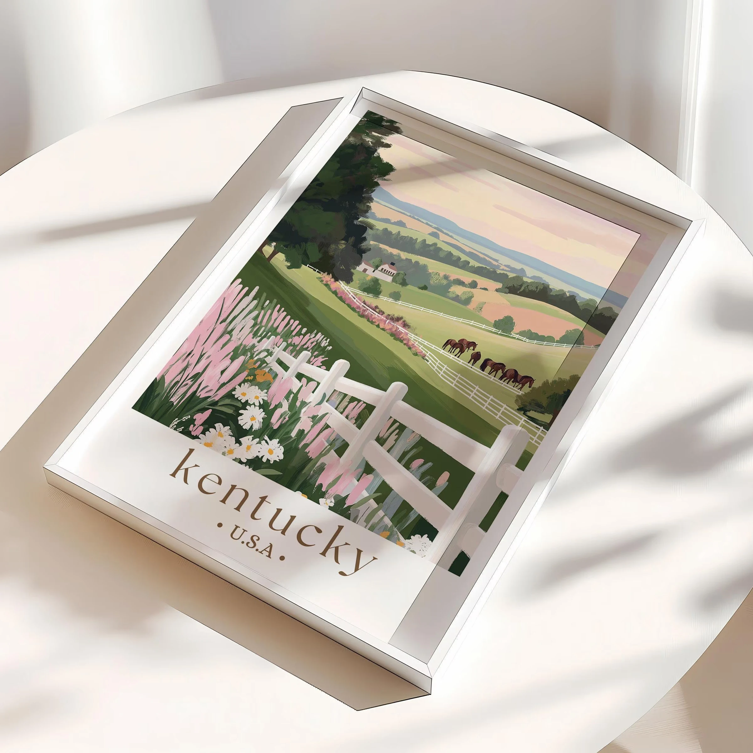 

Kentucky travel canvas poster,Bluegrass state vintage print,landscape painting,horses,scenery,Kentucky Derby wall art,home decor