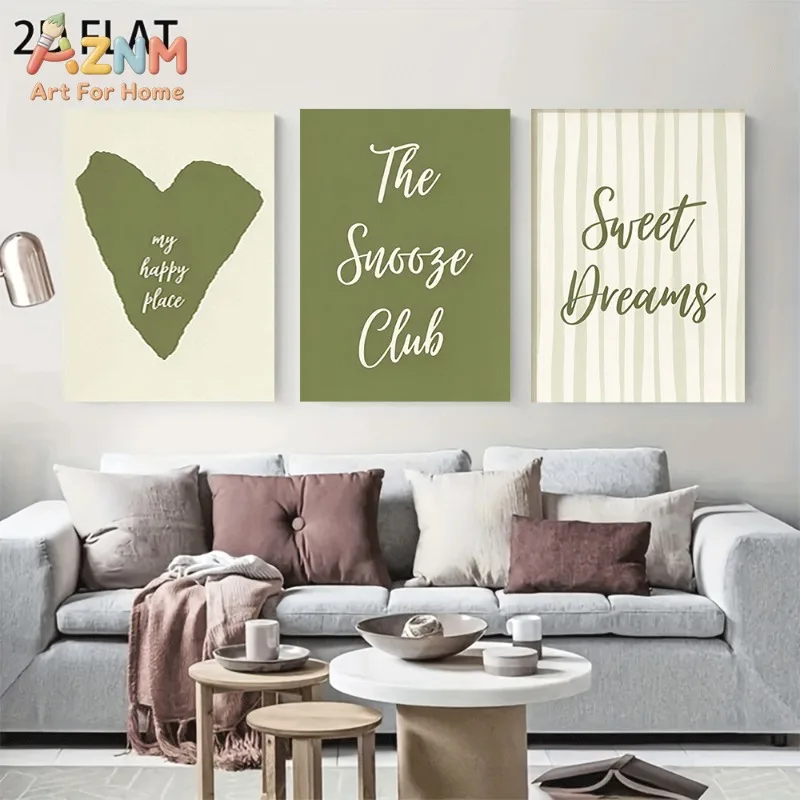Unframed 3PCS Sage Green Heart Sweet Dreams Canvas Wall Art The Snooze Club Text Print Poster Neutral Home Bedroom Decor Canvas