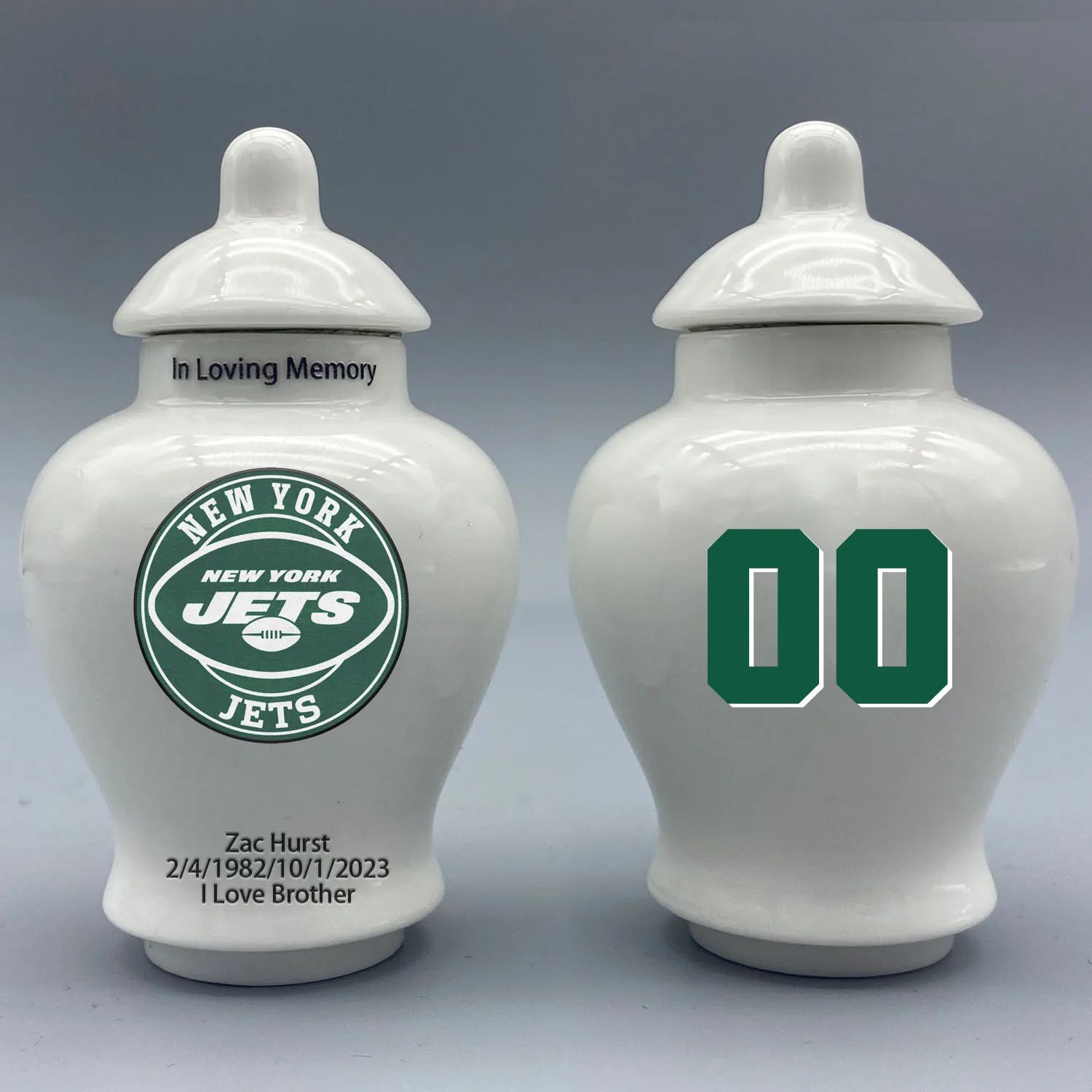 Mini Urn for New York Jets-themed Logo Urn.Please send me the customization information - name/date and number on the urn