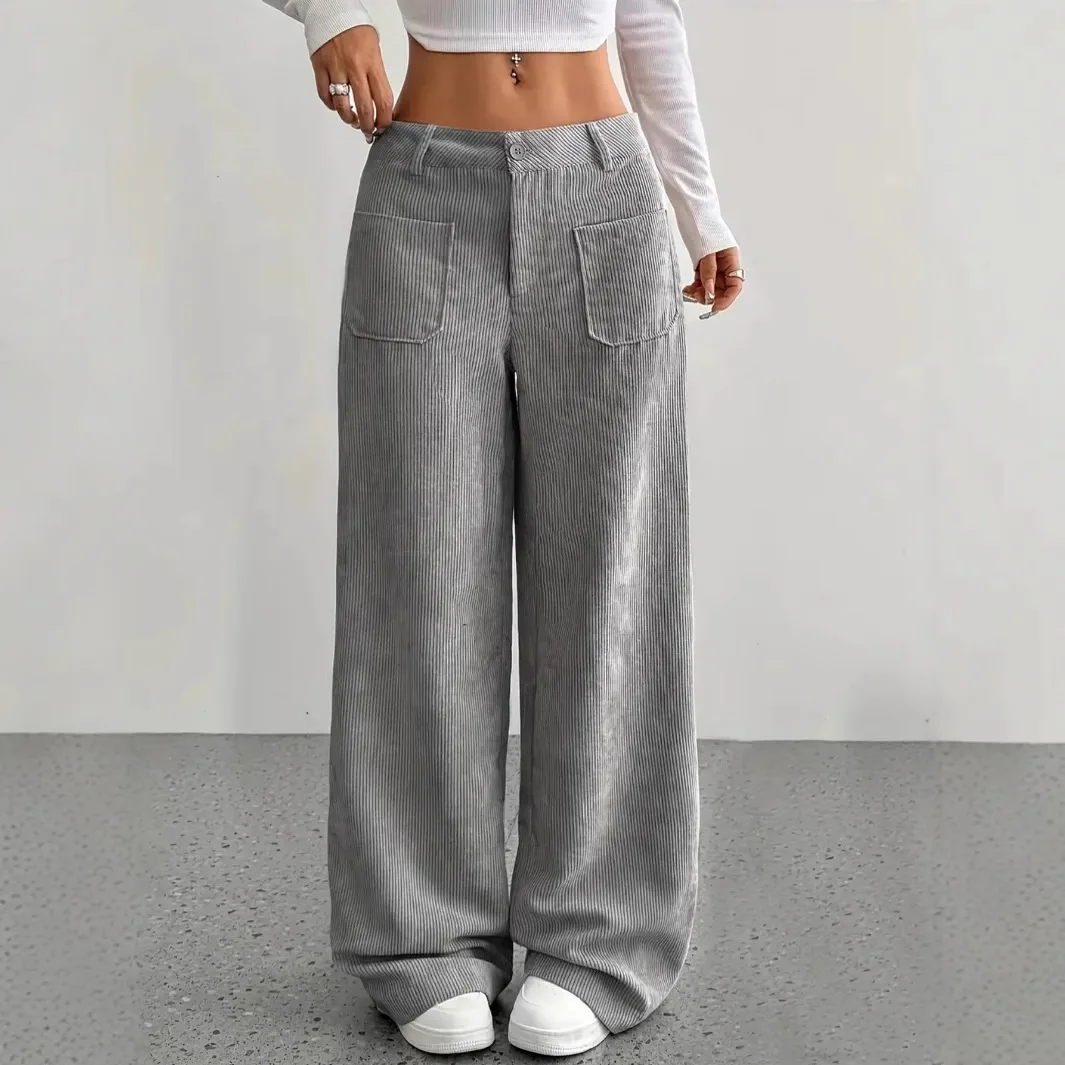 Women High Waist Corduroy Wide Leg Pants Striped Loose Floor Length Trousers With Pockets Button Zip Fly Casual Fashion Ladies D