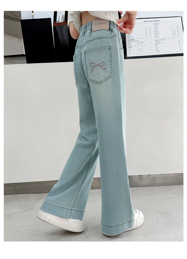 Sommerliche, weiche Lyocell-Jeans für Mädchen, ausgestellter Schnitt, dünne Bootcut-Jeans, Denim-Hose für Teenager, Kinder-Tencel-Jeans mit Schleife. – Detail 6