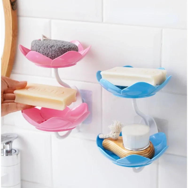 Double Layer Flowers Lotus Shape Draining Soap Dish Soap Box Plate Holder Portable Punch-free Soap Tray Bathroom Accessories