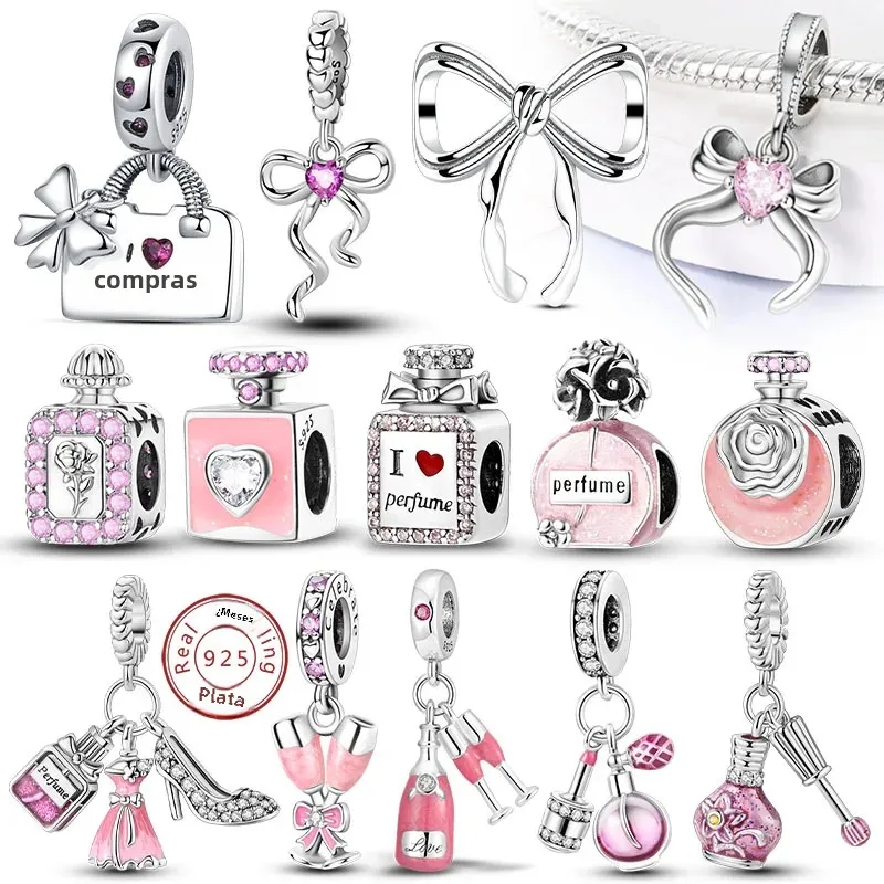 Abalorios de plata de ley 925 originales con cuentas, botella de Perfume con lazo, abalorios rosas para mujer, regalos de joyería de cumpleaños DIY 