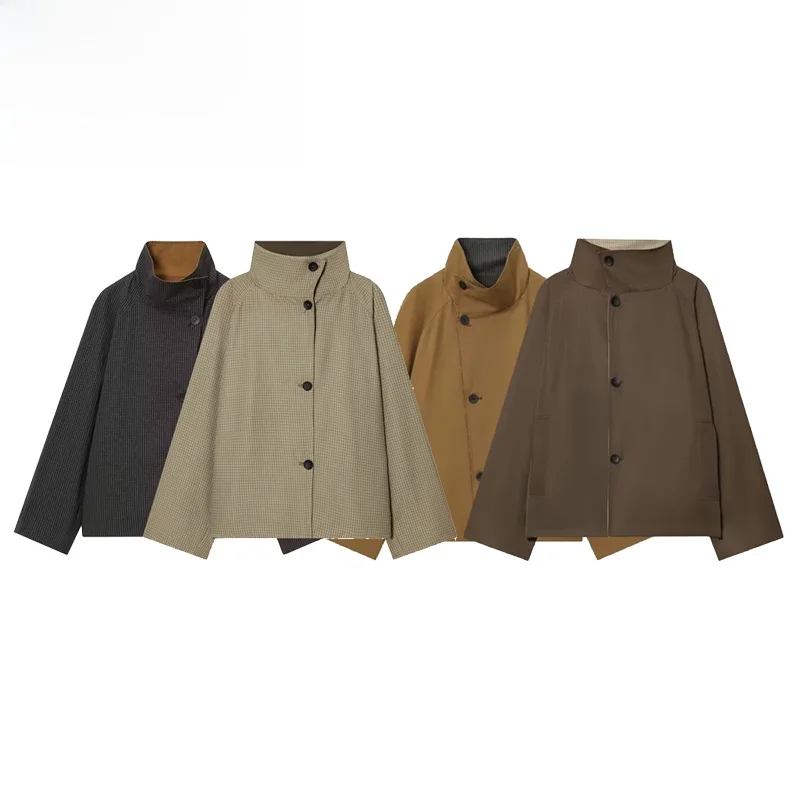 Double-Sided Fashionable Windbreaker Jacket Women's Loose Fit Polyester Fiber Long Sleeve Stand Collar Button Closure Coat