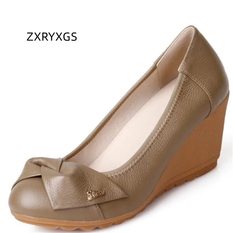 ZXRYXGS Sweet Bow Ladies Genuine Leather Shoes Wedges Comfortable Shoes 2024 Promotion New Shallow Women High Heel Shoes Black