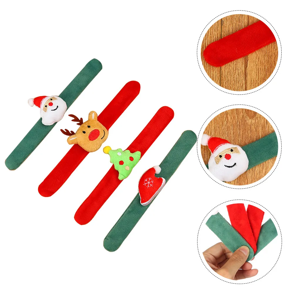 

4Pcs Christmas Slap Bracelets for Kids Snowman Santa Deer Tree Hat Design Cloth Wristband Holiday Party Grouping Decoration Gift
