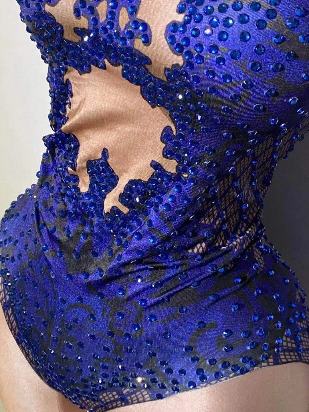 Sexy Lange Mouwen Bodysuit Blauw Mesh Strass Pole Dance Stage Uitvoeren Kostuum Nachtclub Bar Party Club Strakke Kleding