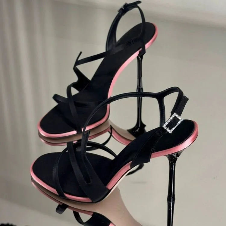 Black Stiletto Heels 2026 New Summer Open-Toe Satin Color-Block Strap Versatile Elegant Date Sandals for Women