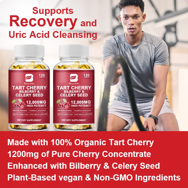 Organic Tart Cherry Extract Capsules with Bilberry Fruit & Celery Seed Premium Uric Acid Cleanse for Joint & Muscle Health Food