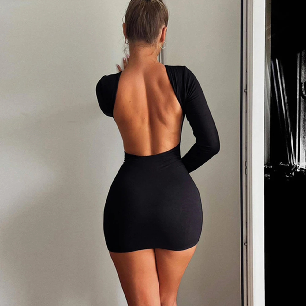 Backless Women Dress Full Sleeve Sexy Solid Fashion Slim Bodycon Ladies Eveing Party Prom Robe New In Clothes Mini Dress Skinny