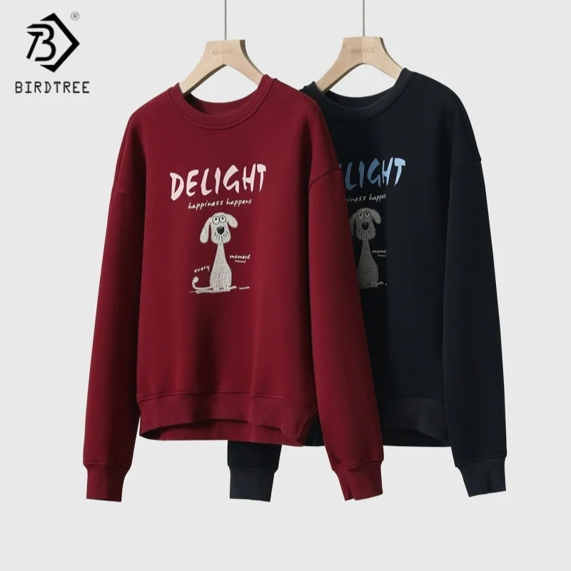 Birdtree,Wool Blended Casual Hoodies,Soft Long Sleeve O-neck Fleece-lined Embroidery Undershirt, Women Fall Winter Tops T5D525JF