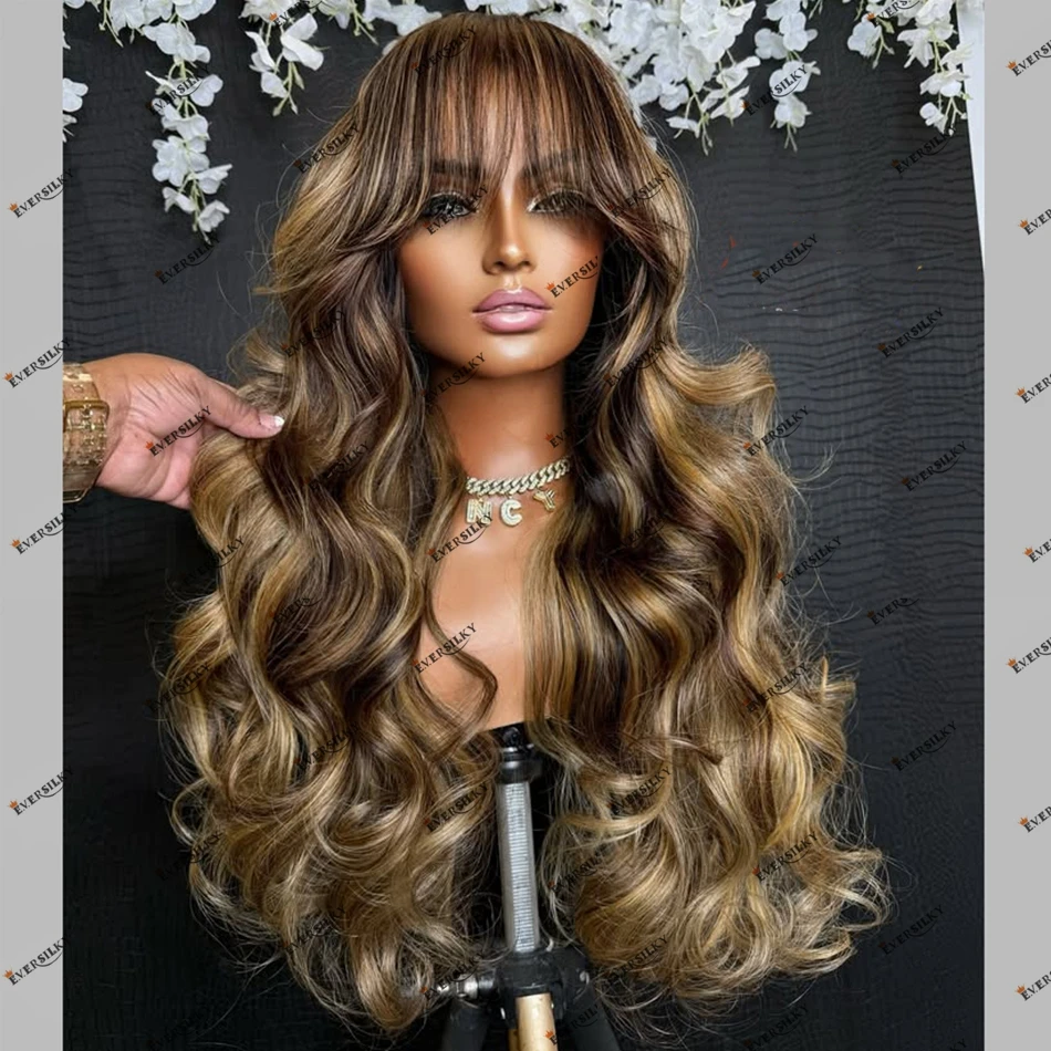 

Коричневый блондин Balayage Бразильские человеческие волосы Remy Парики спереди с челкой 200 Плотность Полная кружевная бахрома Парик из человеческих волос Длинные волнистые