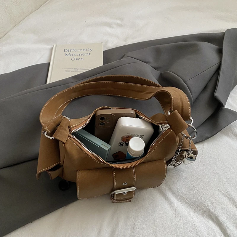 Trendy Y2K Brand Spicy Girls Moto Style Crossbody Bag Women Vintage Leather Handbag Casual Multi-pocket Shoulder Messenger Bags