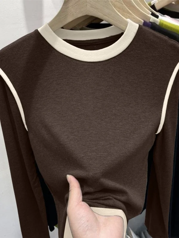 Double-Sided Fleece Long Sleeve T-Shirt Women's Fashionable Color Block Thick Warm Inner Wear Brushed Base Shirt Top