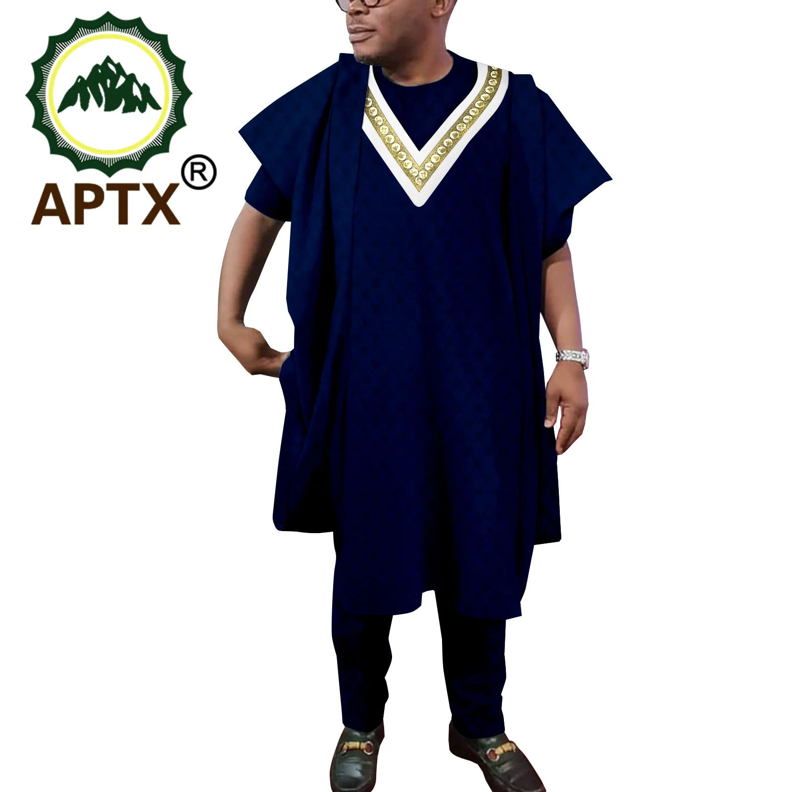 Causal Set African Men's Suit Traditional Handmade 3 Pieces Long Short Sleeve Robe+ Shirt +Pants Male Attire A2216166