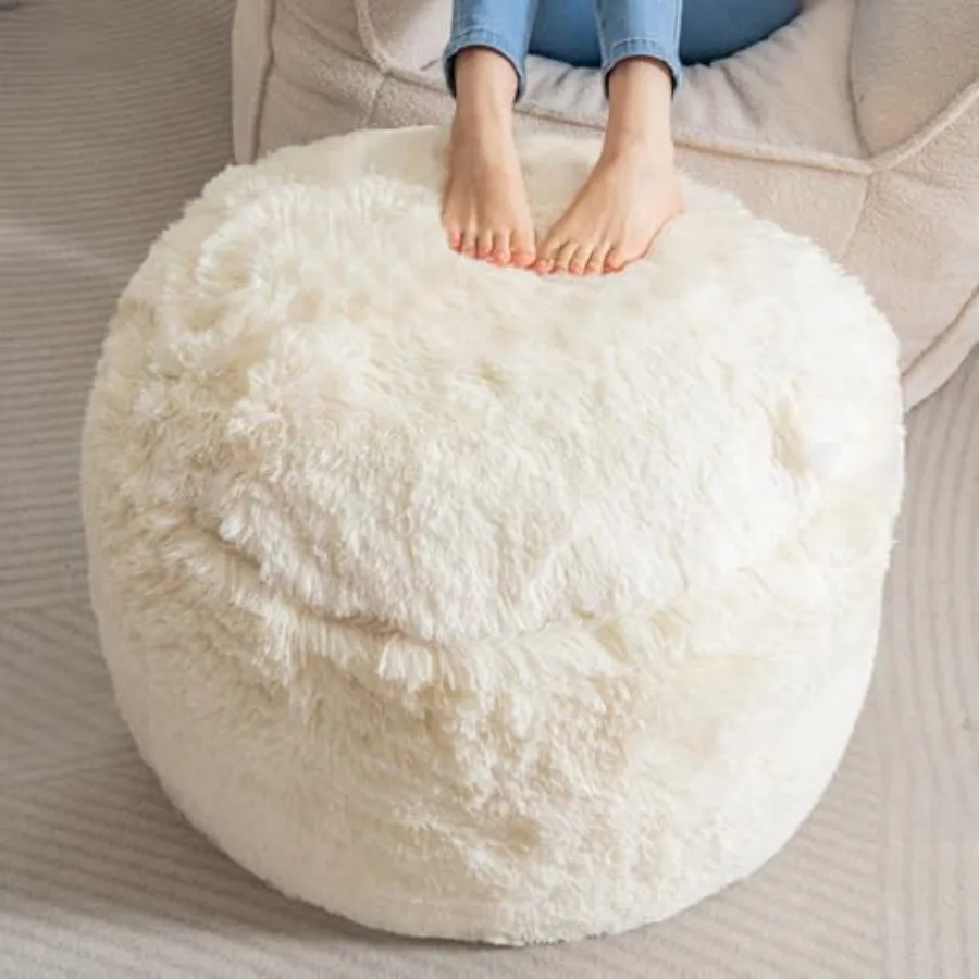 Round Stuffed Pouf Ottoman, Long Faux Fur Poufs with Foam Chunk Filling, Fluffy and Furry Pouf Feet Stool Storage Ottoman, 26 X