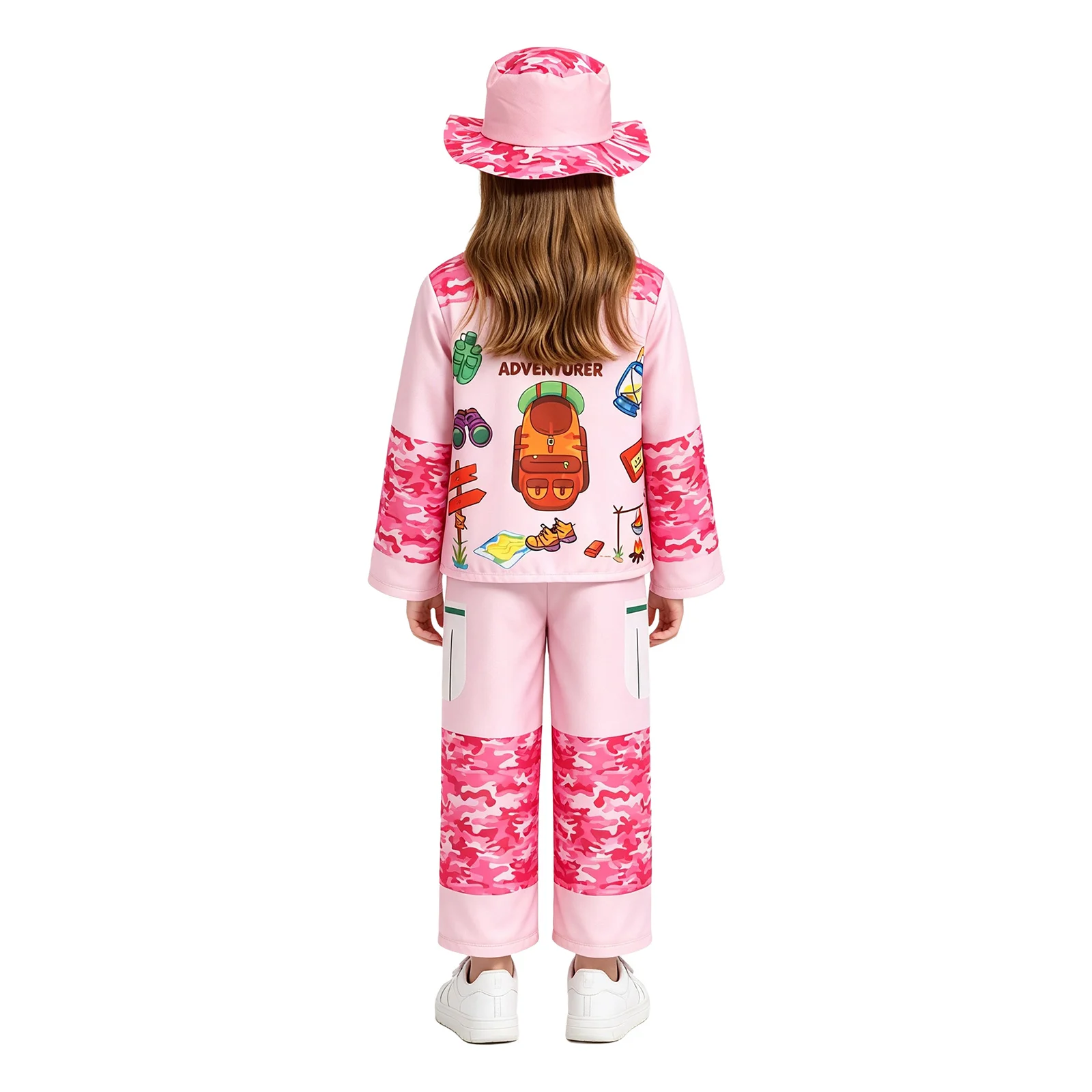 Kids Jungle Explorer Costume Zookeeper Suit Camouflage Printed Button Jacket Top with Pants Hat for Halloween Cosplay Dress Up