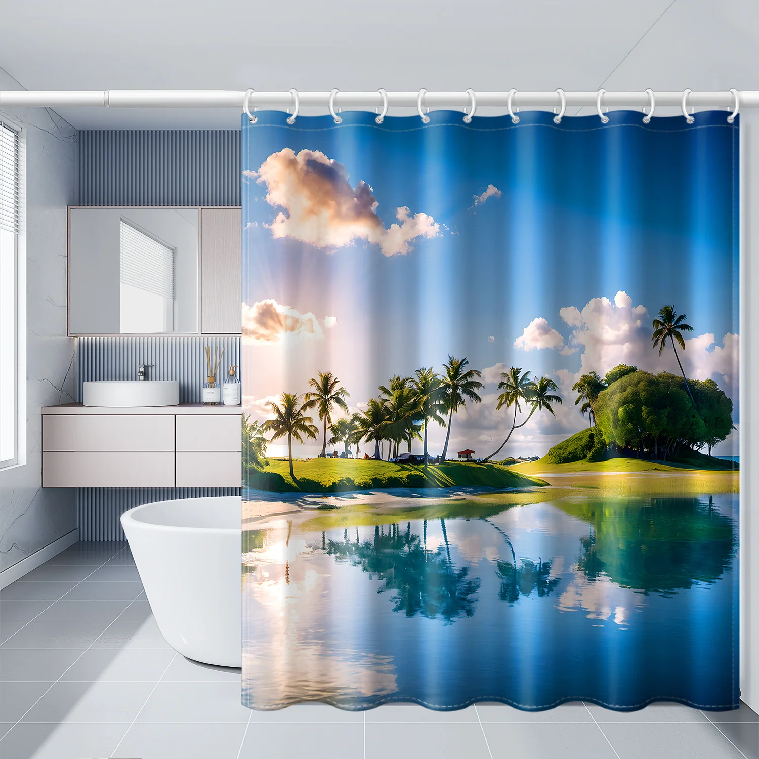 

1 шт. Занавеска для душа с тропическим островом и пальмовым деревом с крючками — полиэфирная ткань 71x71 дюймов, яркая пляжная сцена с солнечным небом