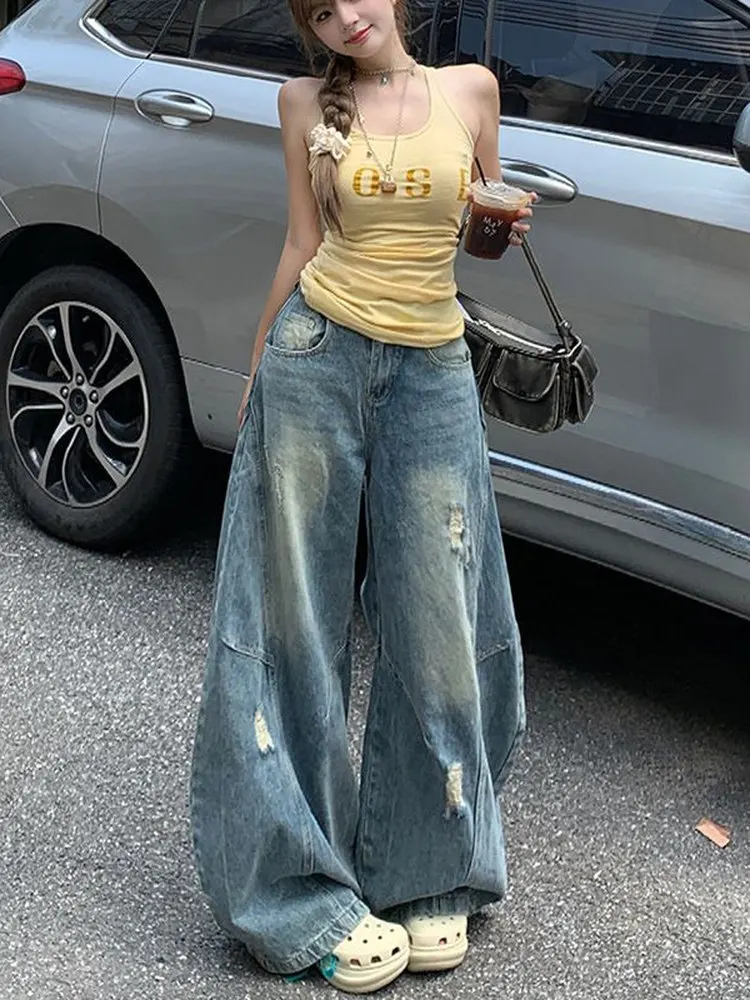 American Style Distressed Wide Leg Denim Jeans Women's Spring 2026 New Design Sense Washed Loose Fitting Floor Length Pants