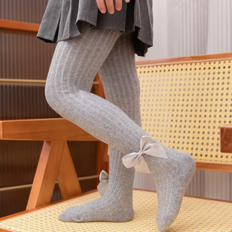 Cute Toddler Little Girls Vertical Striped Footed Tights With Satin Ribbon Bow Decor Soft Elastic Skin-Friendly Sweet Pantyhose