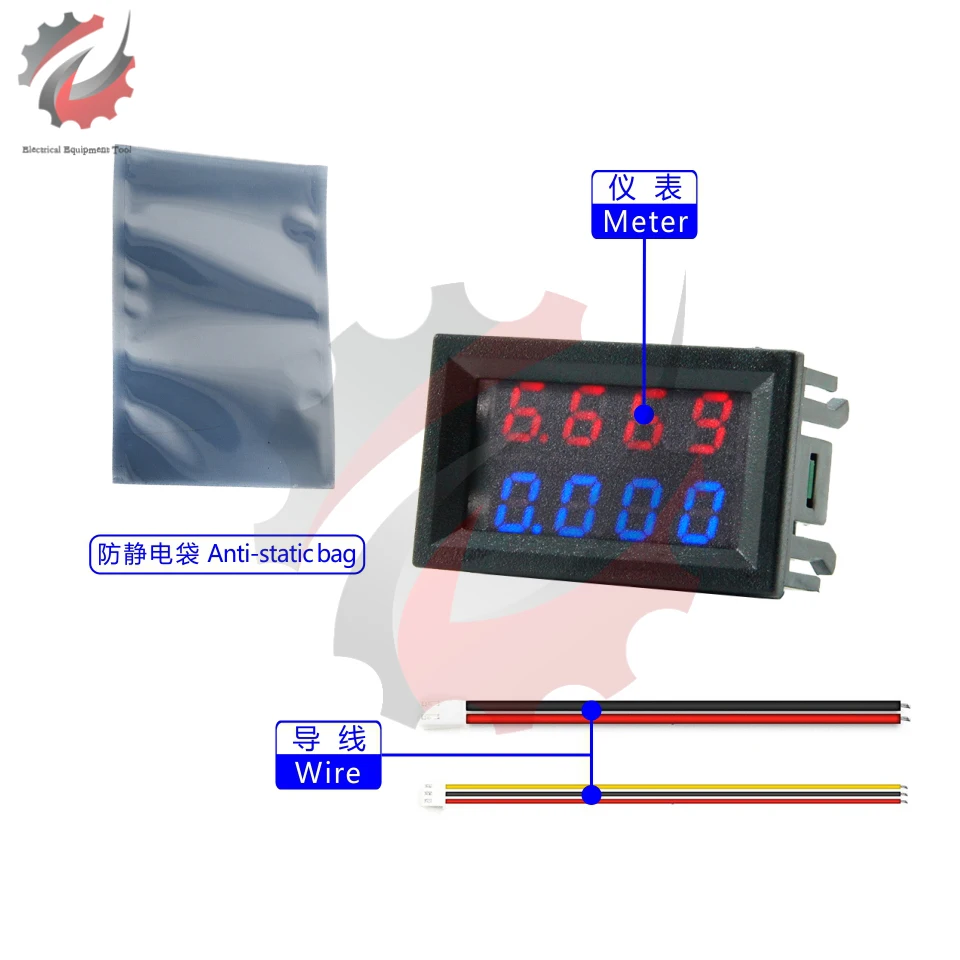 0.28 Inch DC100V 200V 10A Mini Digital Voltmeter Ammeter 4 Bit 5 Wires Voltage Current Meter Tester Blue Red Dual LED Display