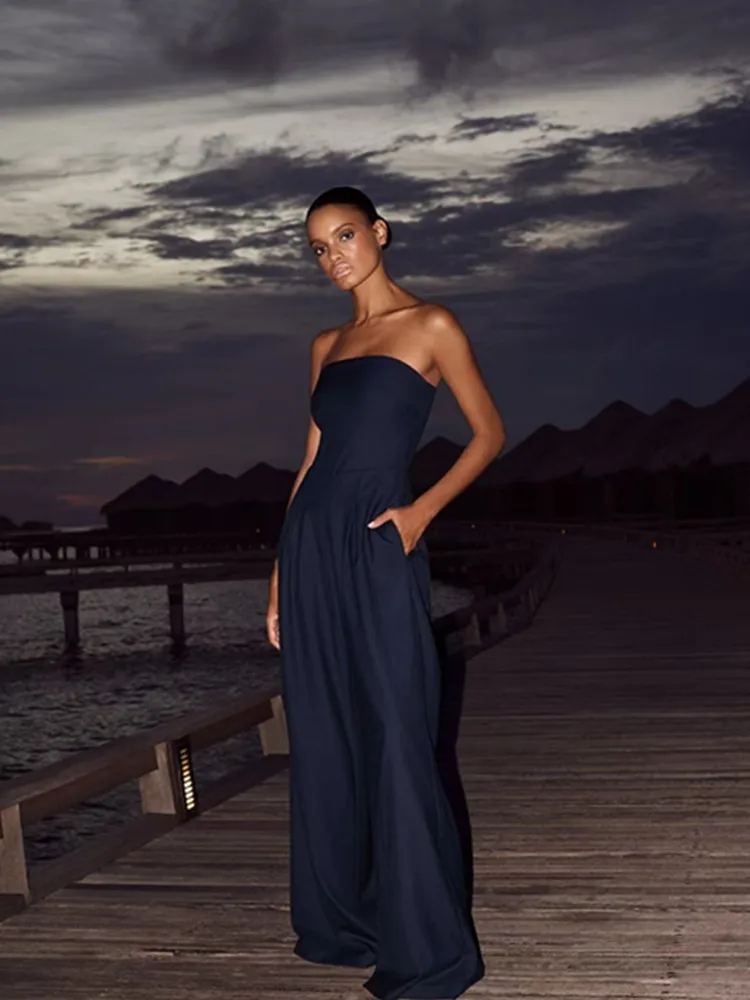 BKLD Solid Color 2025 Women Casual Backless Pleated Strapless Sexy Party Clubwear Slim Fit Long Pants One Pieces Jumpsuits