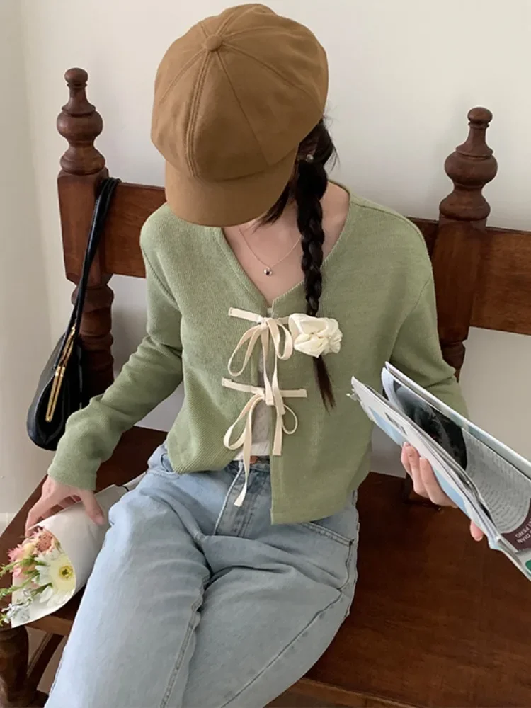 

Y2k Vintage Knitting Cardigan Jackets for Women 2025 Ropa Mujer Korean Fashion Pull Femme V-neck Sweet Bow Cropped Sweater Tops