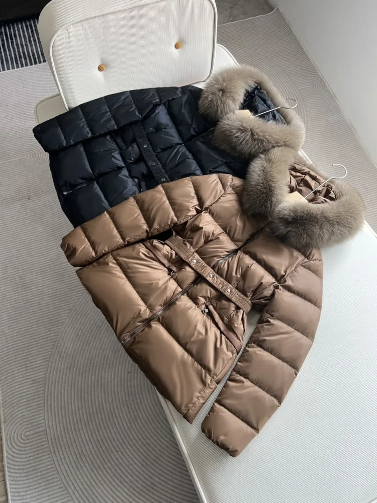 2023 New Women\'s Short Down Jacket Thickened Slim Waist Jacket Large Hair Collar Hooded 90% White Duck Down Coat Overcoat