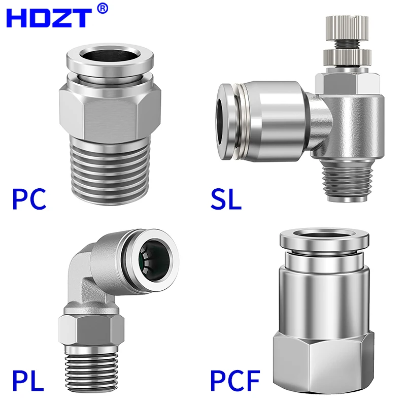 HDZT Stainless Steel 304 Pneumatic Fitting PC PCF PL SL Metal High Pressure Air Hose Connector 4~14MM Quick Release Joint