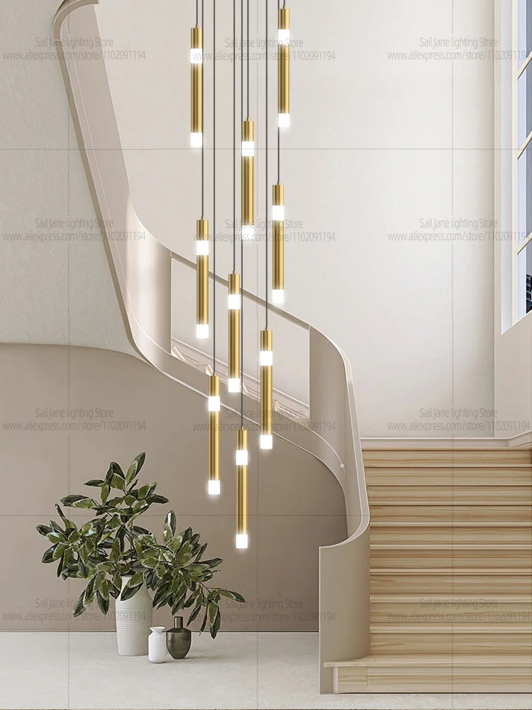 Modern LED Long Tube Staircase Chandelier Cylindrical Pendant Light for Suspended Living Room Pendant Lamp Villa Lobby Pendants