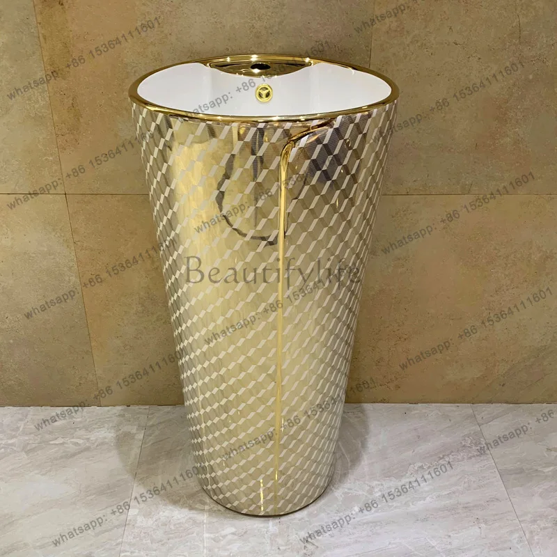 Ceramic integrated color gold pillar basin, electroplated gold floor wash basin