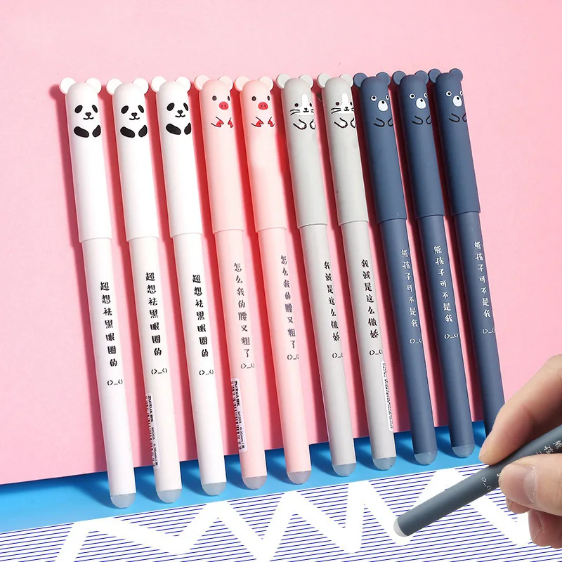 Imagem -02 - Kawaii Porco Urso Gato Caneta Gel Apagável Recargas Hastes 0.35 mm Azul Tinta Preta Lavável Alça Escola Material de Escritório Presente 24 Peças