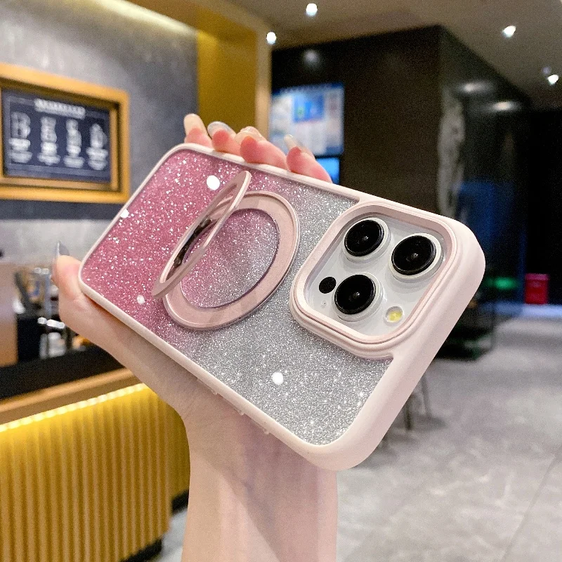 

Luxury Glitter gradient Magsafe Stand Holder phone case for iphone 15 14 13 12 11 Pro Max Plus Magnetic Wireless Charge Cover