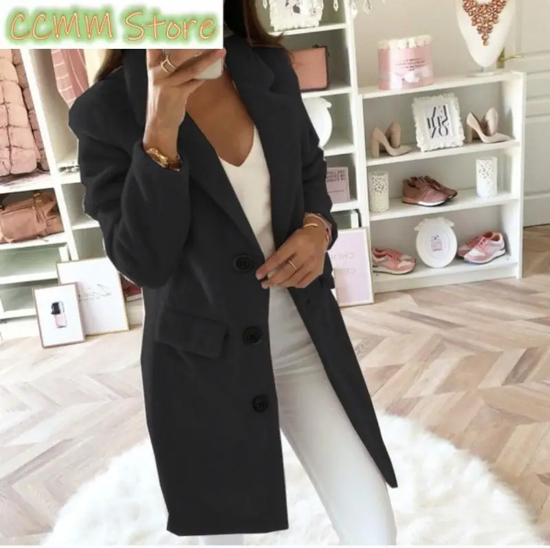 Autumn Commuter Women's Solid Color Coat Suit Collar Medium Length Fashion Double Breasted Woolen Coat Elegant Women's Coat