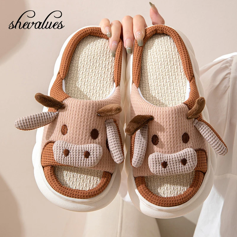 Shevalues Cute Cow Platform Slippers Women Four Seasons New Linen Women's Thick Sandals Home Cartoon Slides Soft Non-slip Shoes