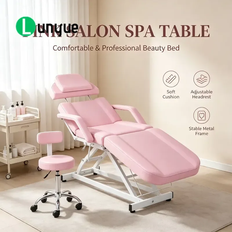 Commercial Adjustable Recliner Beauty Chair Pink Leather Massage Bed with Roller Stool Full Set for Spa