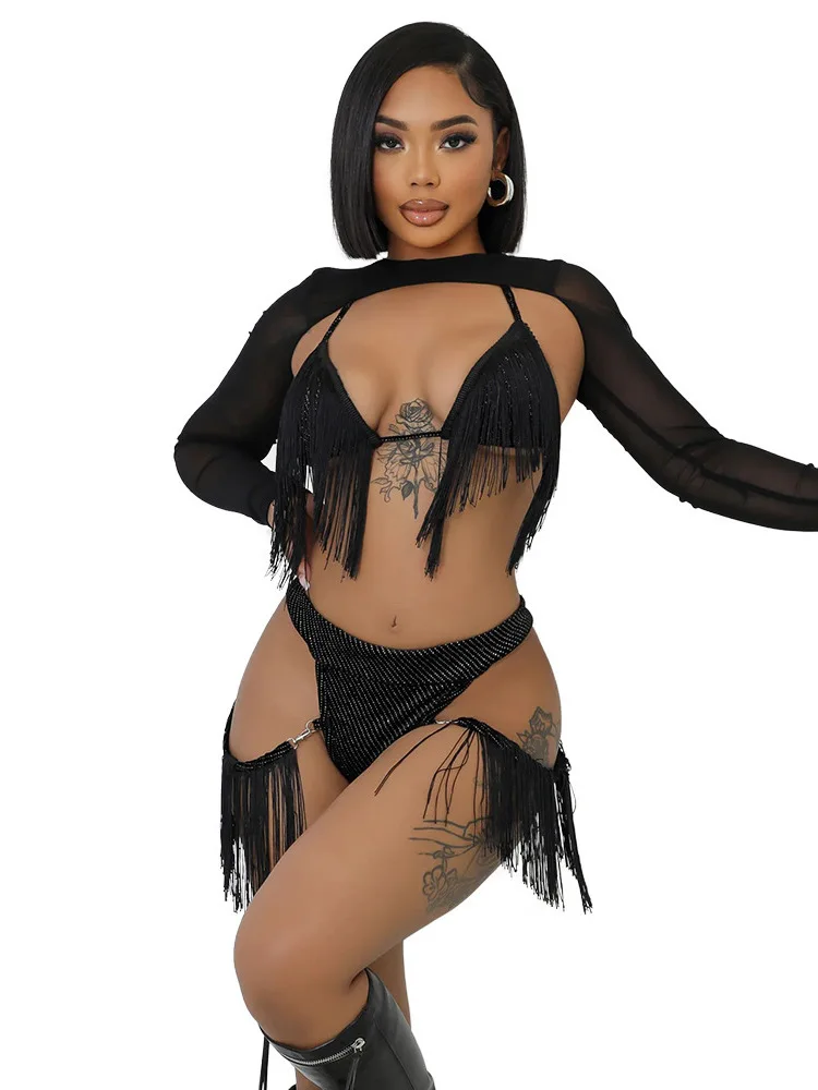 

New Fashionable Tassel Top And Triangle Pants Paired With See Through Shoulder Sleeves For Women