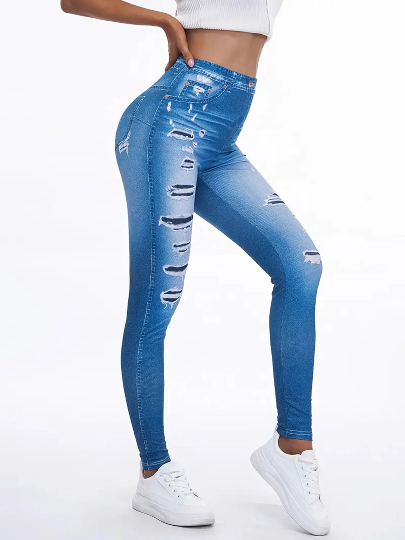 Perforated imitation Denim printed pants print stretch slim lift hip casual sports women\'s leggings small legs Purchasing Agent