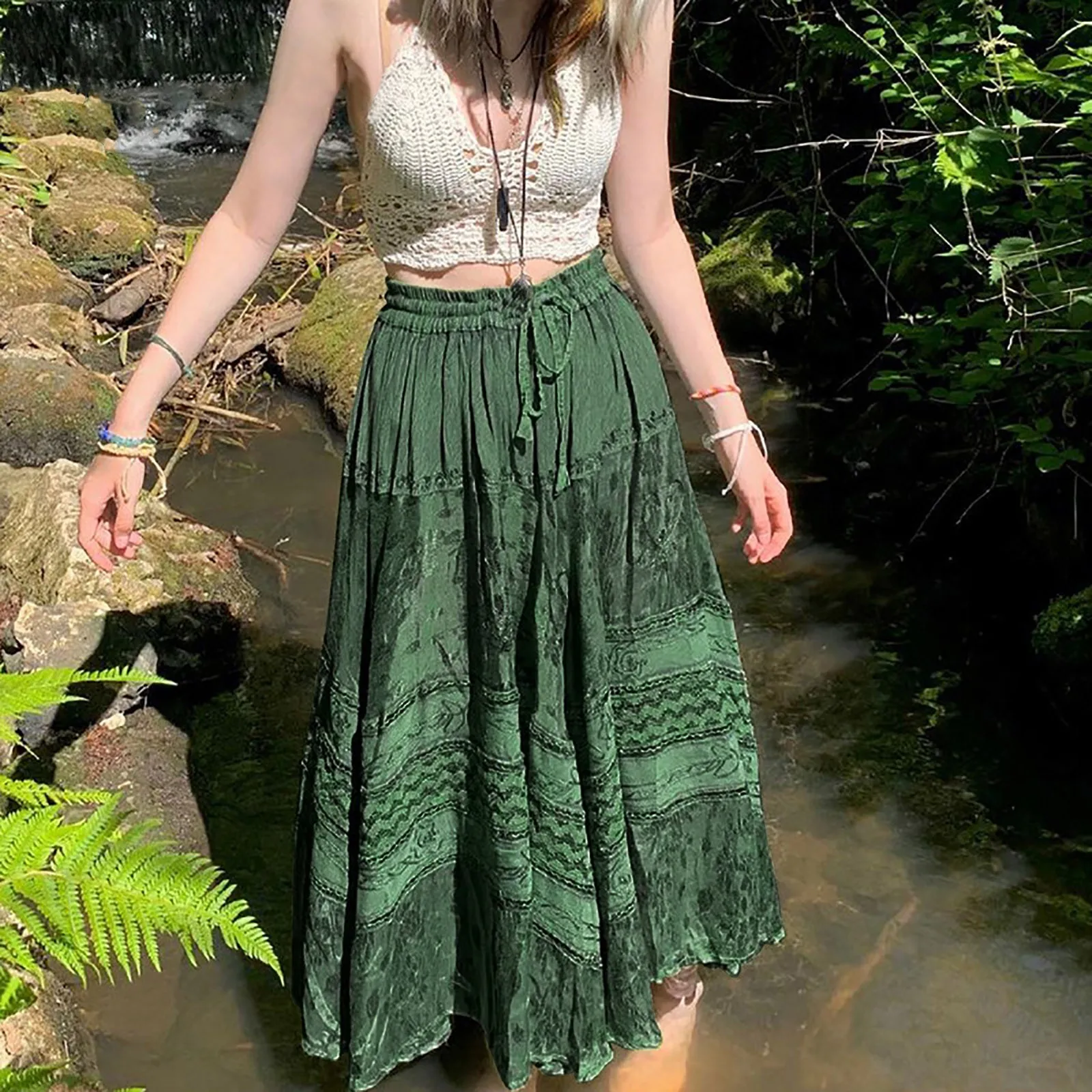 Autumn Vintage Retro Long Skirt Drawstring High Waisted Large Swing A Line Skirt Hip Hop Gothic Korean Y2k Flowy Boho Skirt